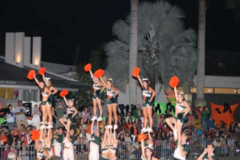 C-A-N-E-S....CANES:The University of Miami cheerleaders rally alumni and students during the the 2009 homecoming parade. This year's parade takes place on Nov. 5 at 7 p.m. on Stanford Drive and is based around the game of Monopoly to represent the theme "Are you game?"