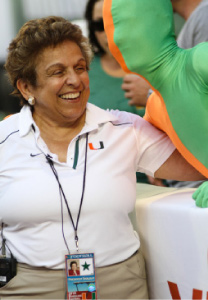 University of Miami President Donna Shalala poses with a spirited fan.