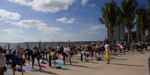 A group at Bayfront Park's free Yoga in the Park. Photo Courtesy Oscar Guedes and Sakine Gulec.